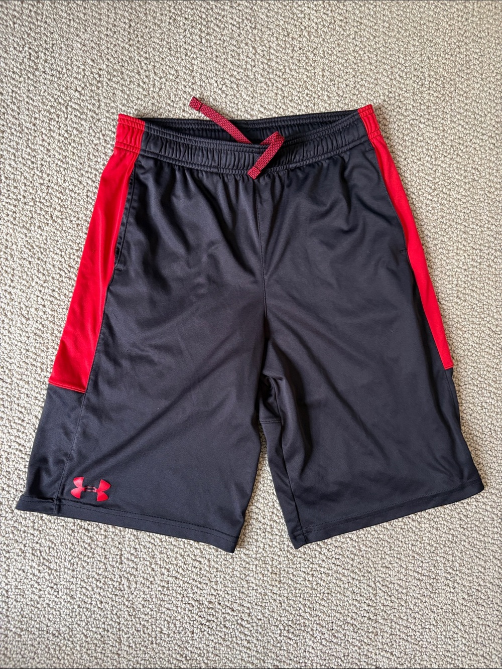 Under Armour boys Black Athletic Shorts with Red Panels